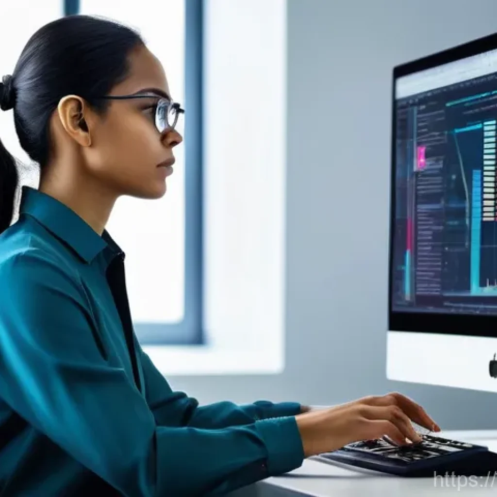 통계분석가로 성공적인 커리어 쌓기 - **Prompt:** "A highly focused female data analyst, in her late 20s, dressed in smart casual attire (...