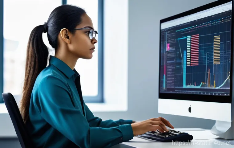 통계분석가로 성공적인 커리어 쌓기 - **Prompt:** "A highly focused female data analyst, in her late 20s, dressed in smart casual attire (...