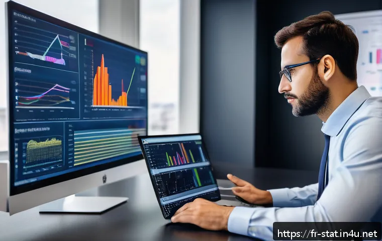 통계분석에서 사용하는 데이터 정제 방법 - A detailed, modern office workspace scene showing a data scientist analyzing a large screen displayi...