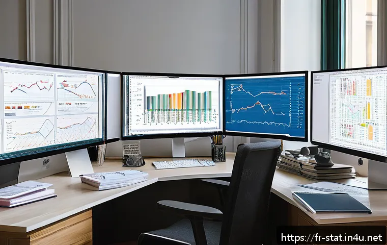 통계분석 업무 중 만날 수 있는 도전 과제 - A detailed and professional data scientist’s workspace featuring multiple computer screens displayin...
