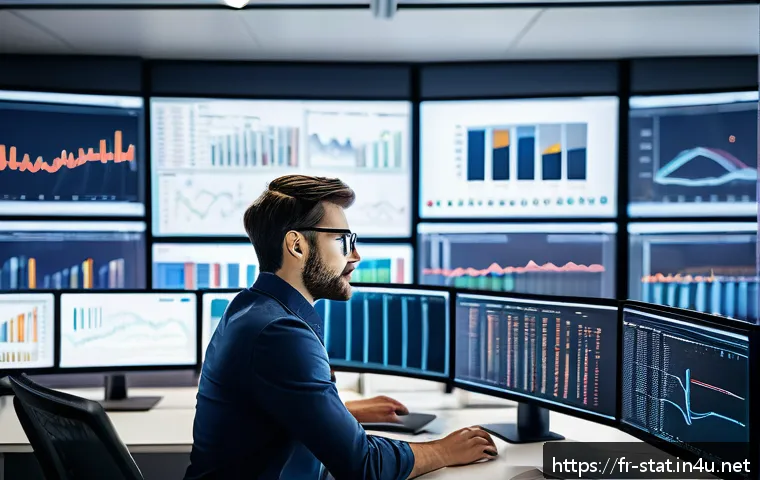 통계분석가로 일하며 겪는 즐거움과 어려움 - A professional French data analyst working in a modern office environment, surrounded by multiple co...